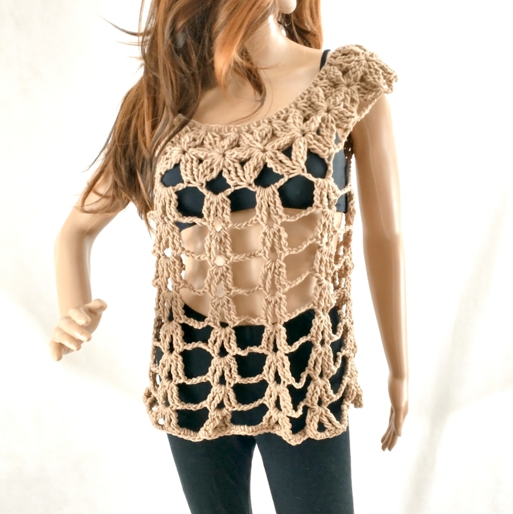 ⛱️Hand Crafted, Lace,Shirt, Crochet, Summer, Taupe